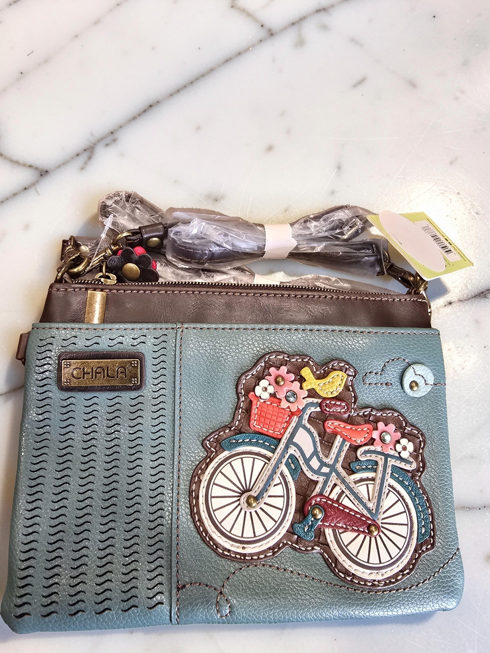 Chala Teal Laser Cut Mini Crossbody Bag Bicycle Applique NWT